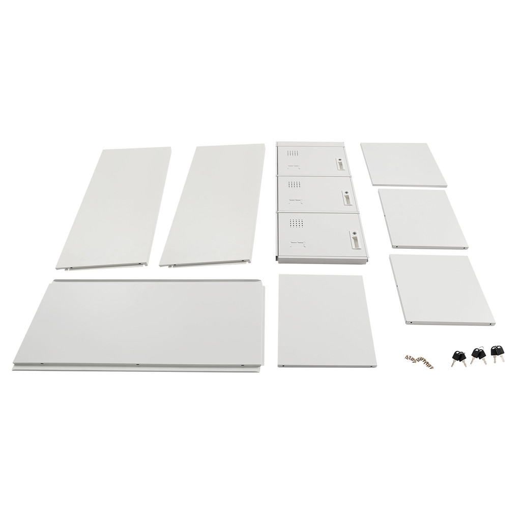 Unassembled parts and panels of the filing cabinet laid out